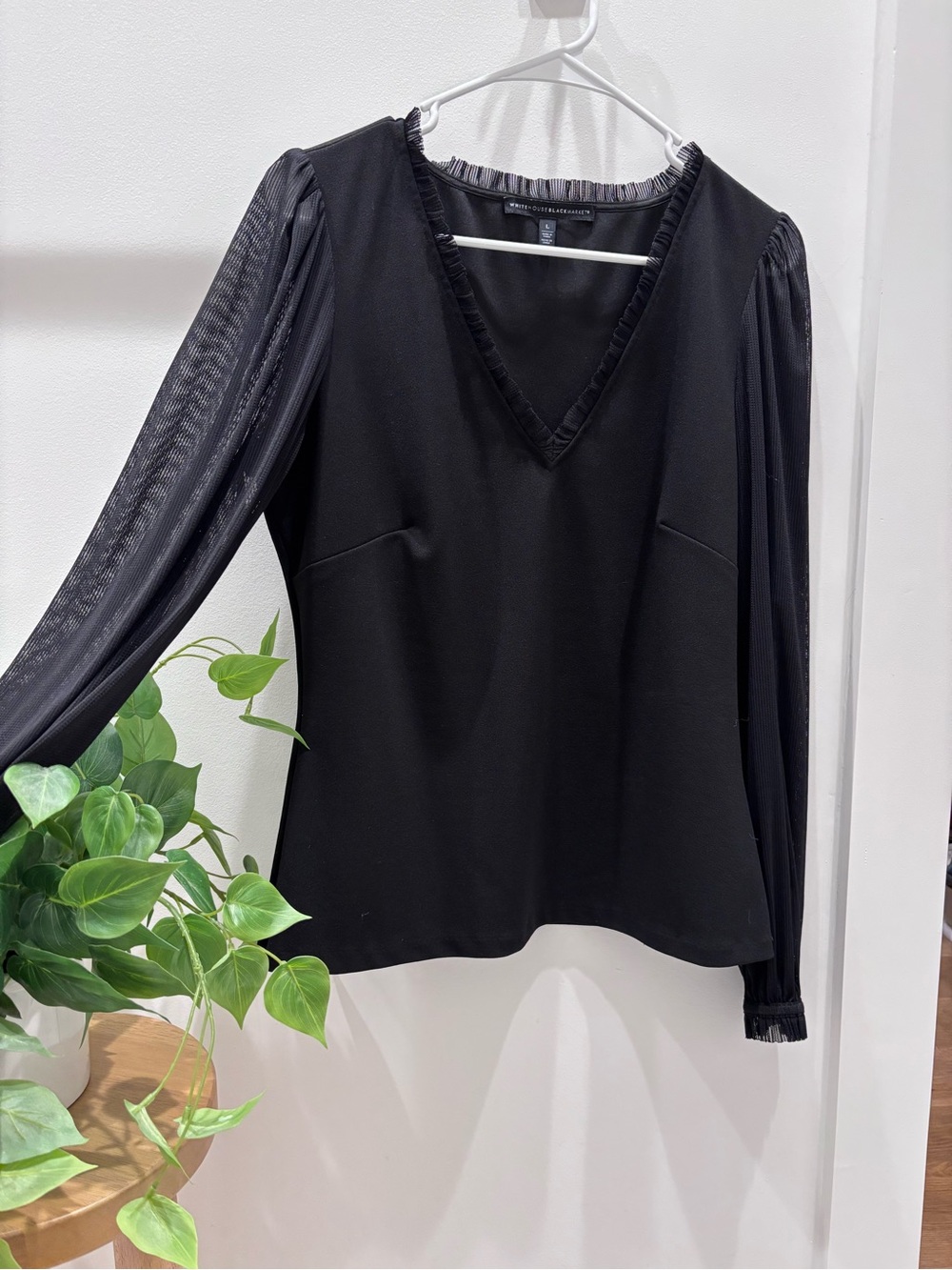White House Black Market Black V-Neck Blouse with Sheer Long Sleeves